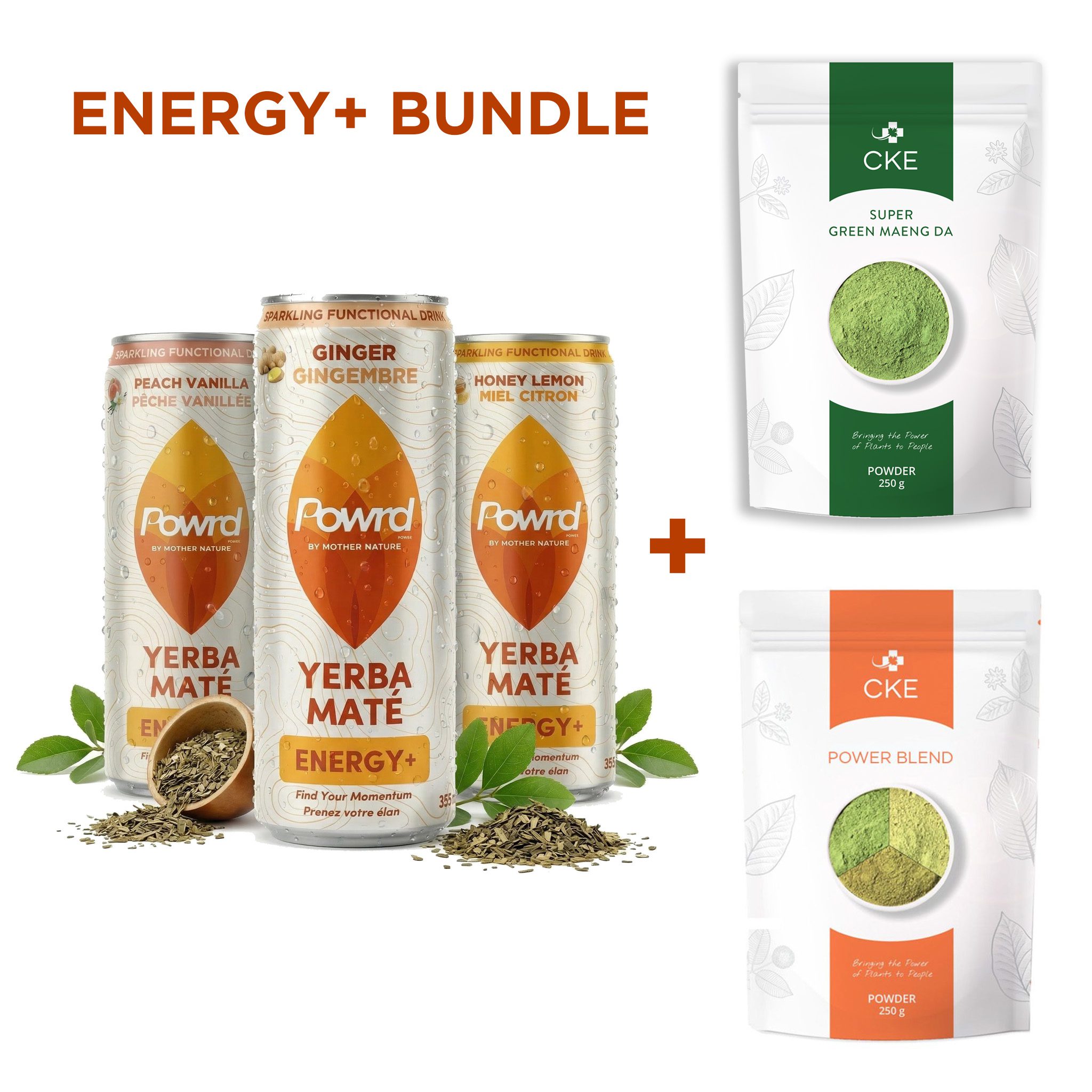 Energy+ bundle featuring POWRD Yerba Maté drinks with Super Green Maeng Da and Power Blend powders.